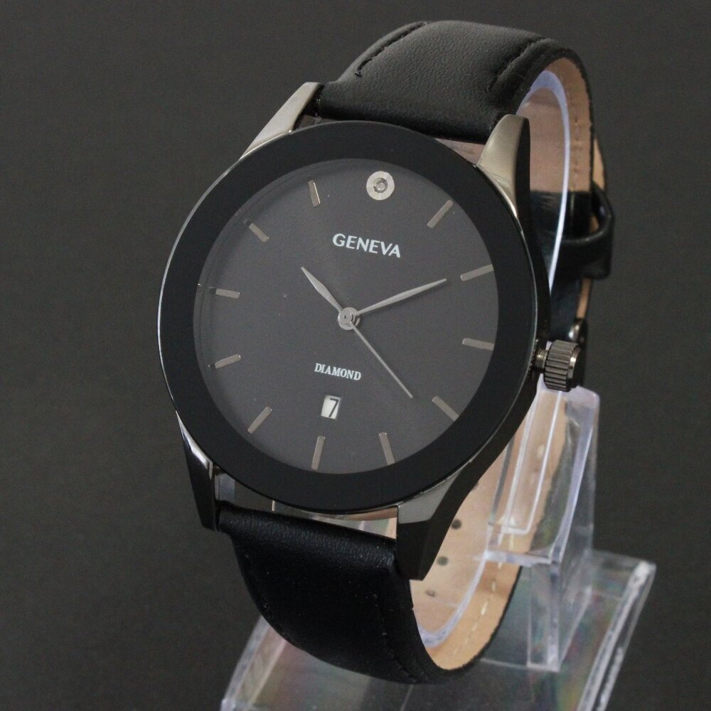 Geneva Men's Dress Watch Diamond At 12 Blacked Out Leather Strap 42mm - Picture 4 of 13